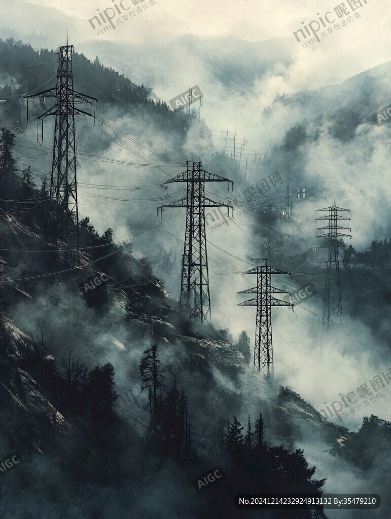 山巒鐵塔線纜剪影