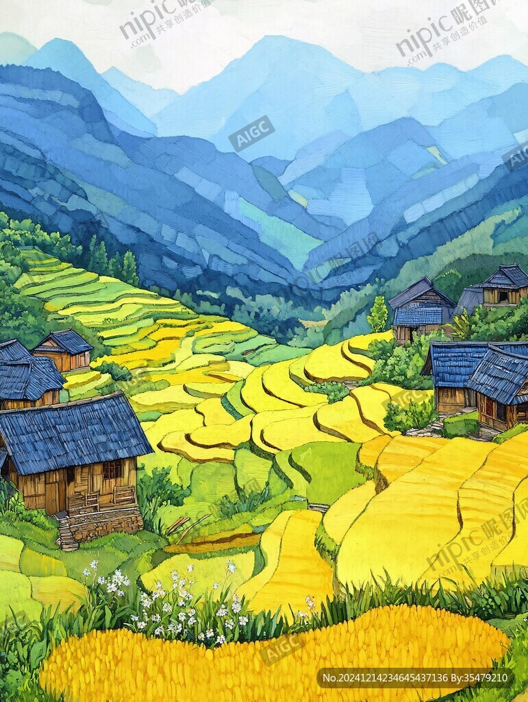 水稻梯田插畫