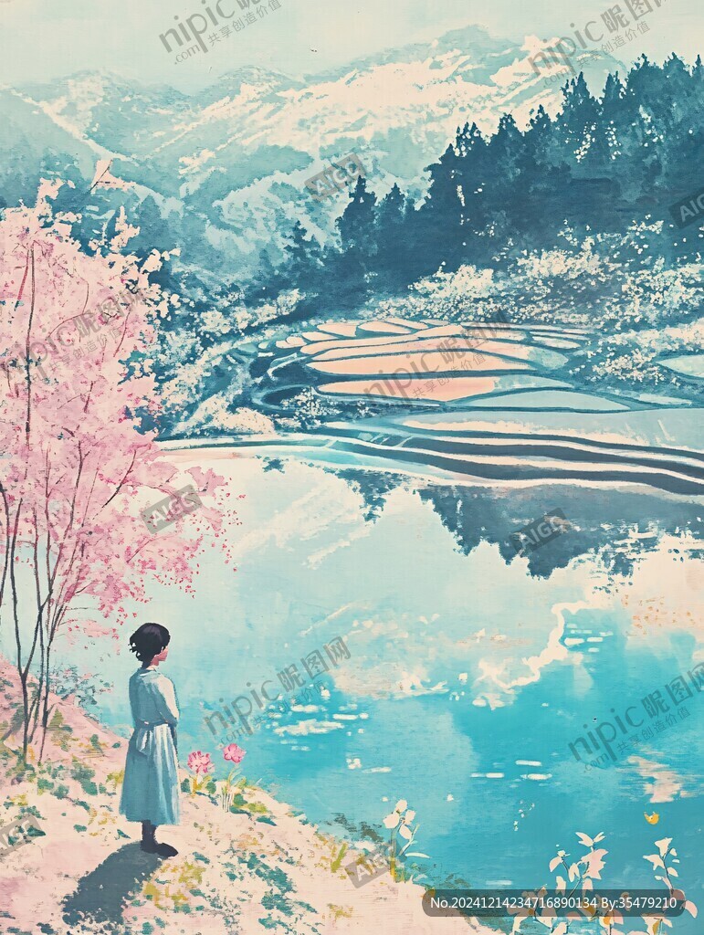 春天溪邊風(fēng)景少女