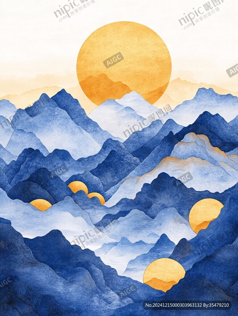 日落水墨畫日落群山