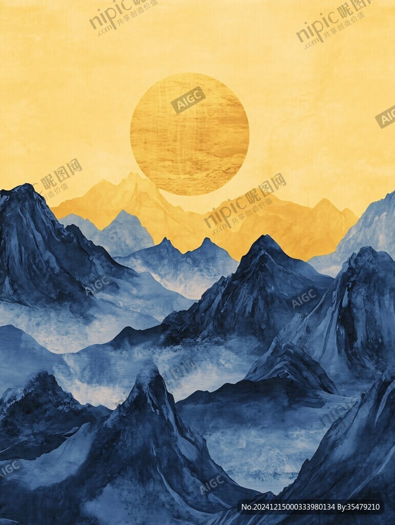 日落水墨畫日落群山