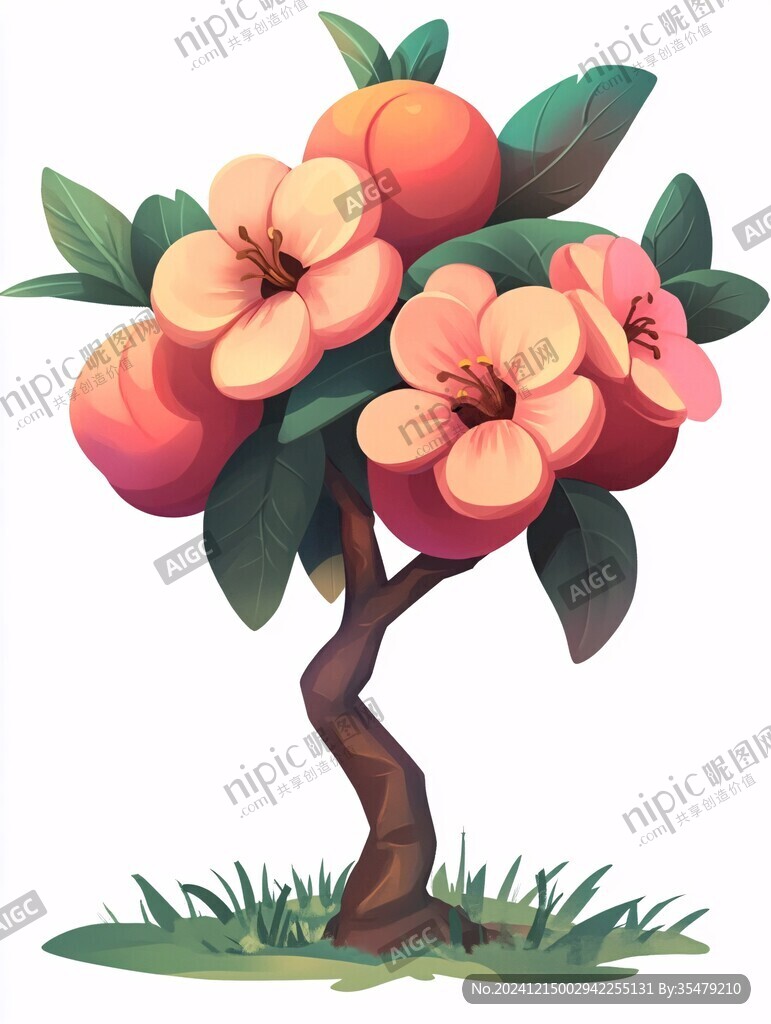 桃樹水果插畫