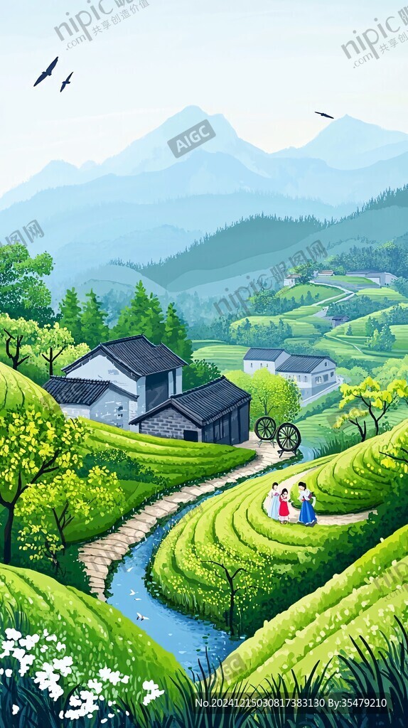 茶園風光插畫