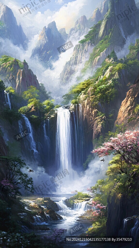山水風景油畫瀑布