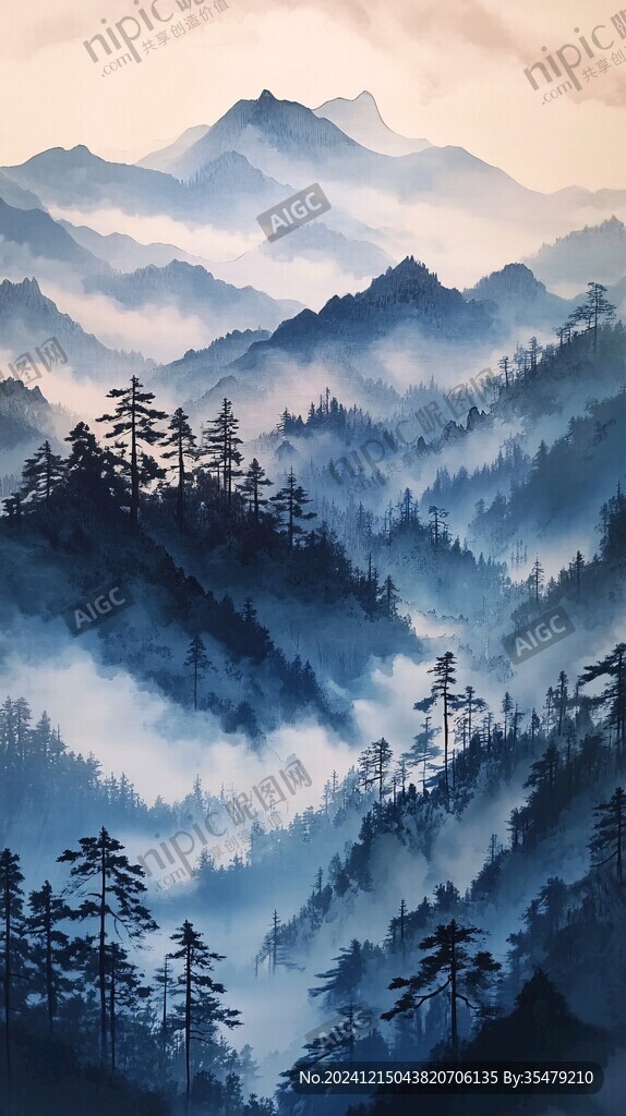 飄渺遠山云霧風景畫