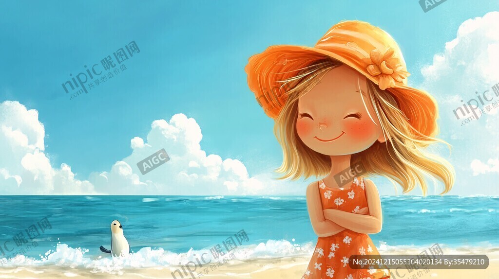 唯美小女孩海邊插畫