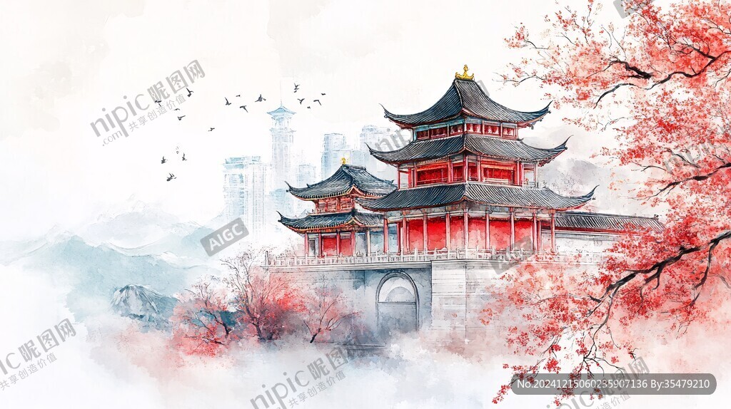 華僑禪風(fēng)水彩建筑插畫
