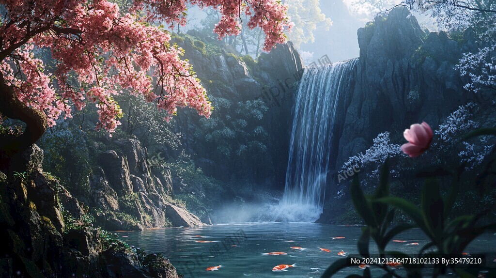 春天竹林瀑布晨曦唯美