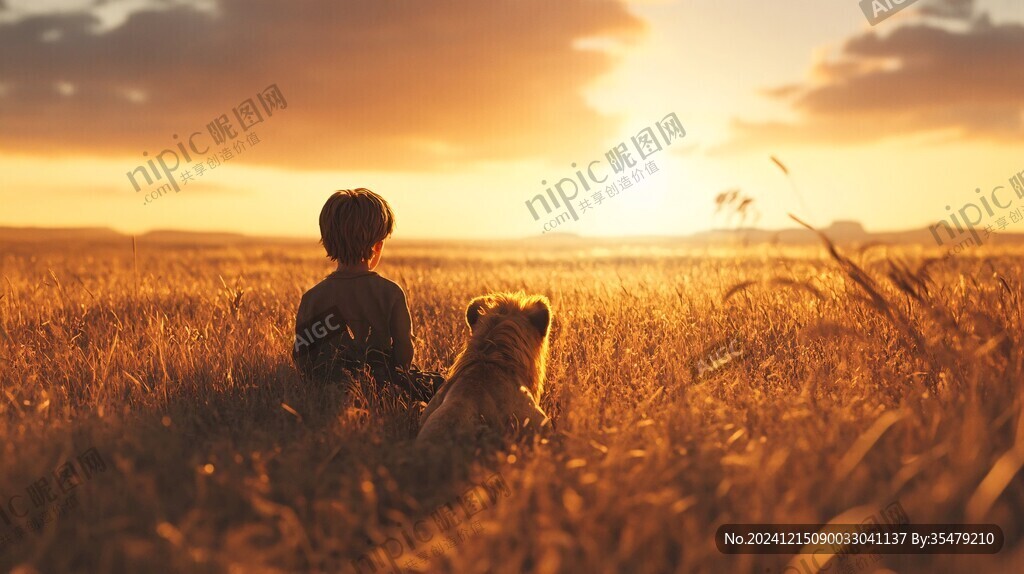 夕陽下玩耍的小男孩