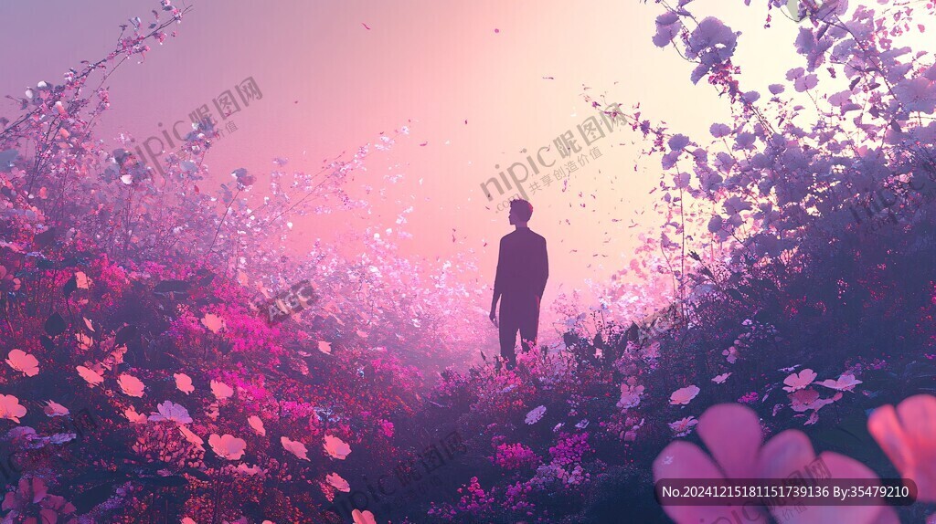 花叢中的男生背影