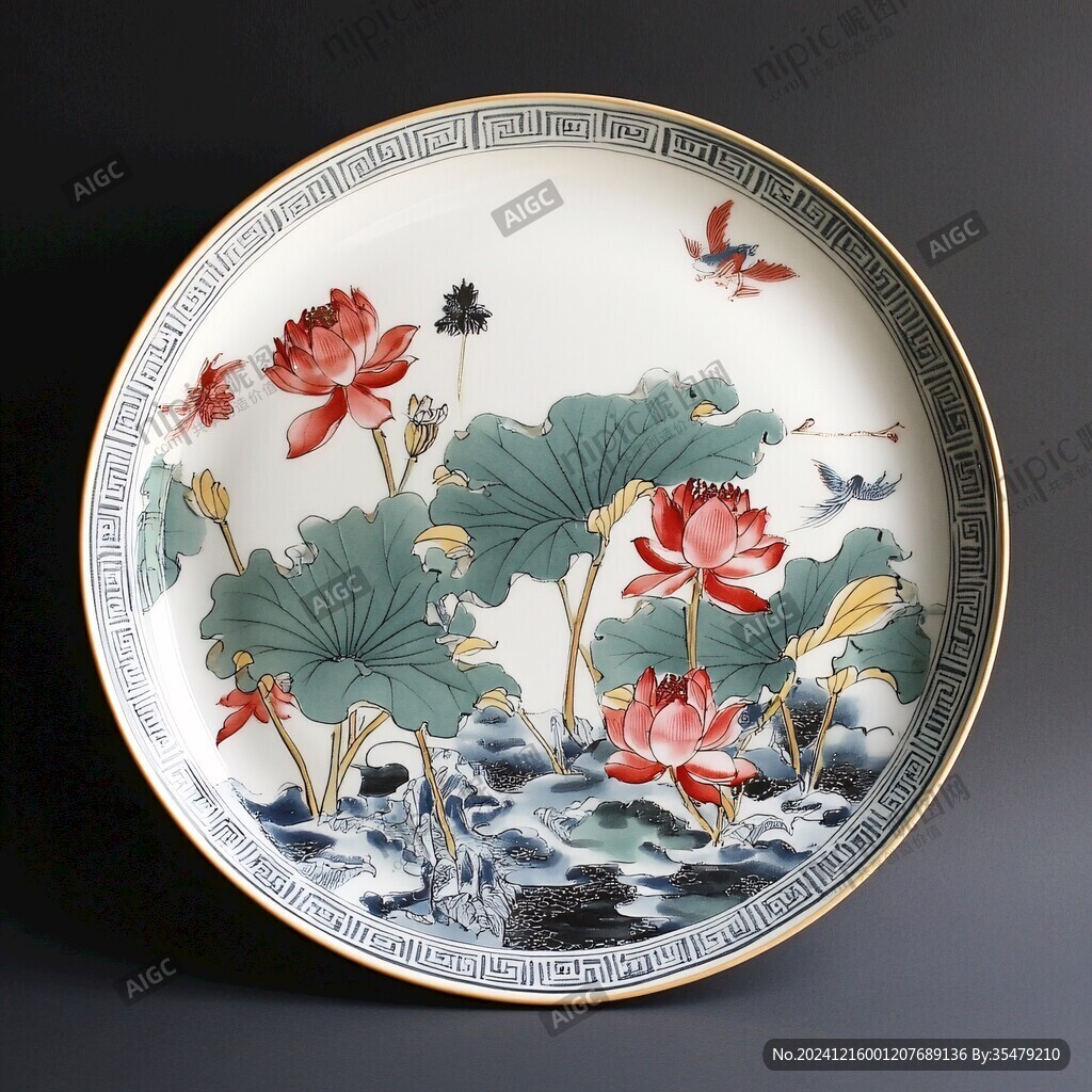 荷塘鷺鷥圖圓盤