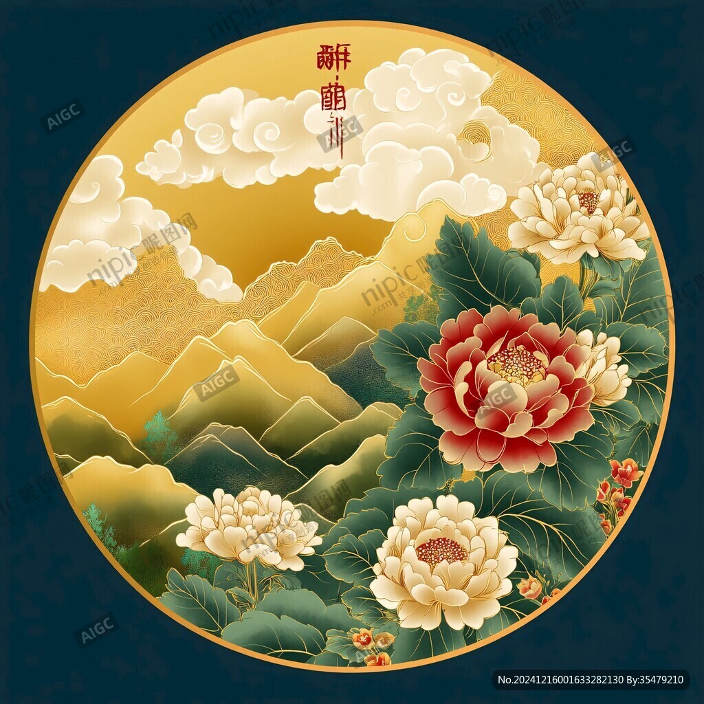 圓形花鳥畫花開富貴