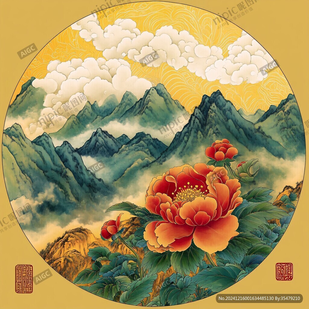 手繪牡丹花云山