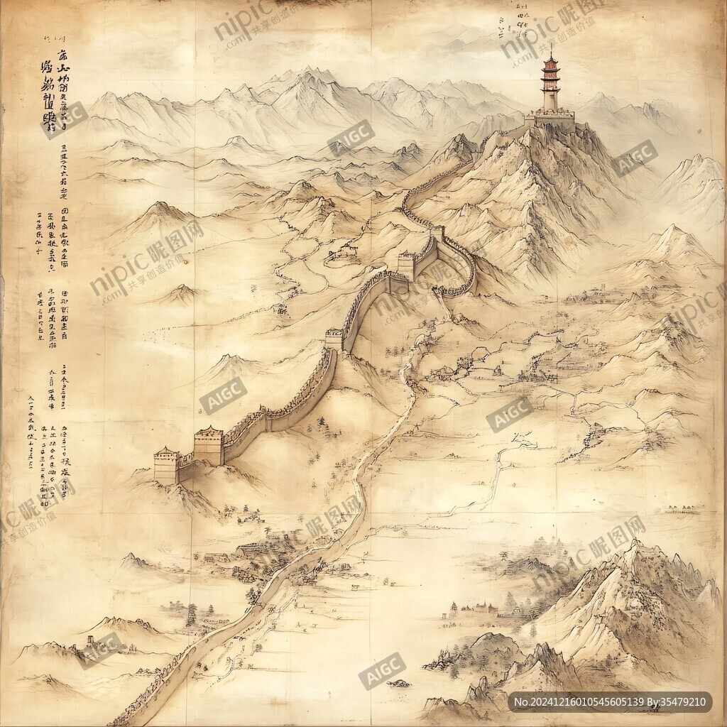 長城旅游工筆畫