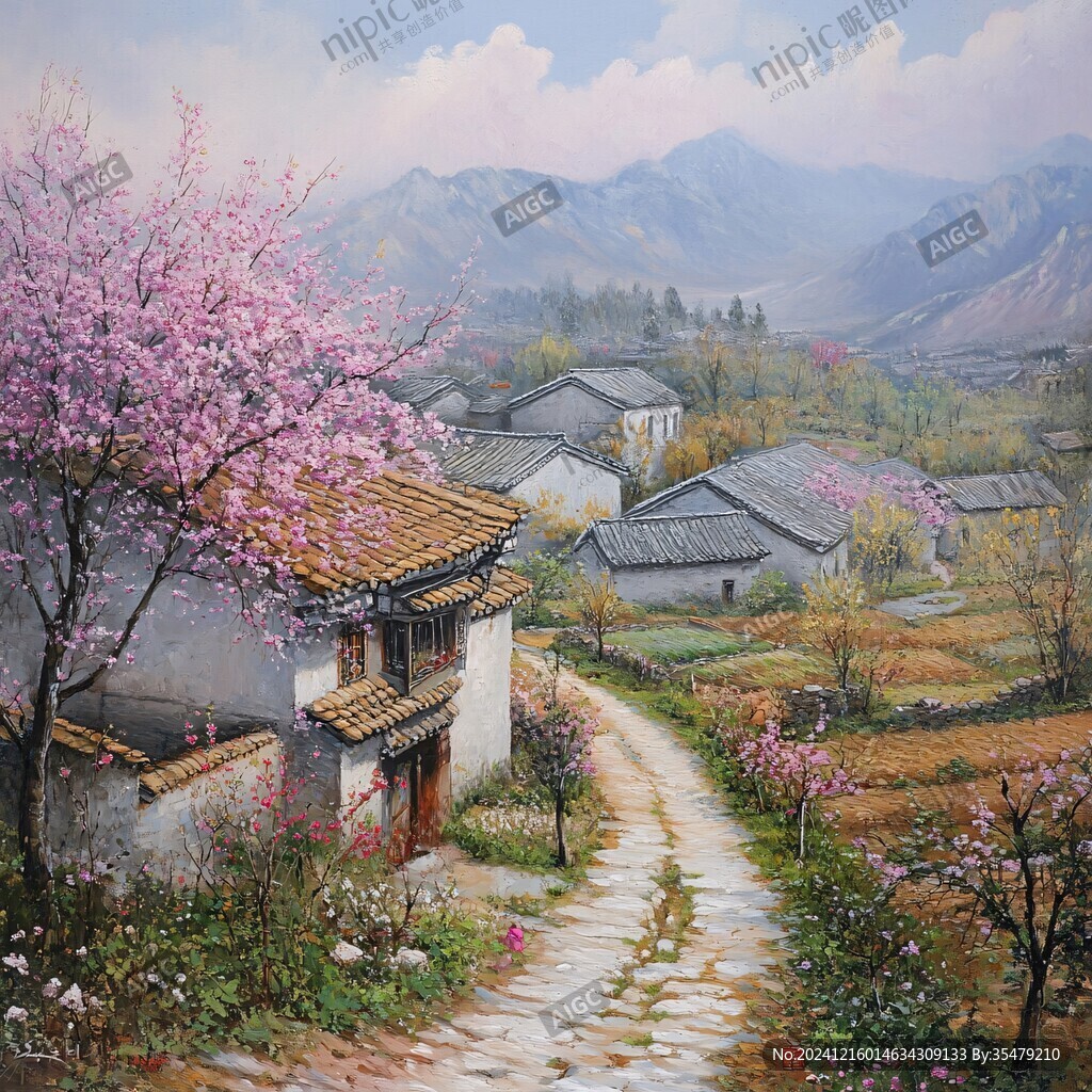 桃花風景油畫
