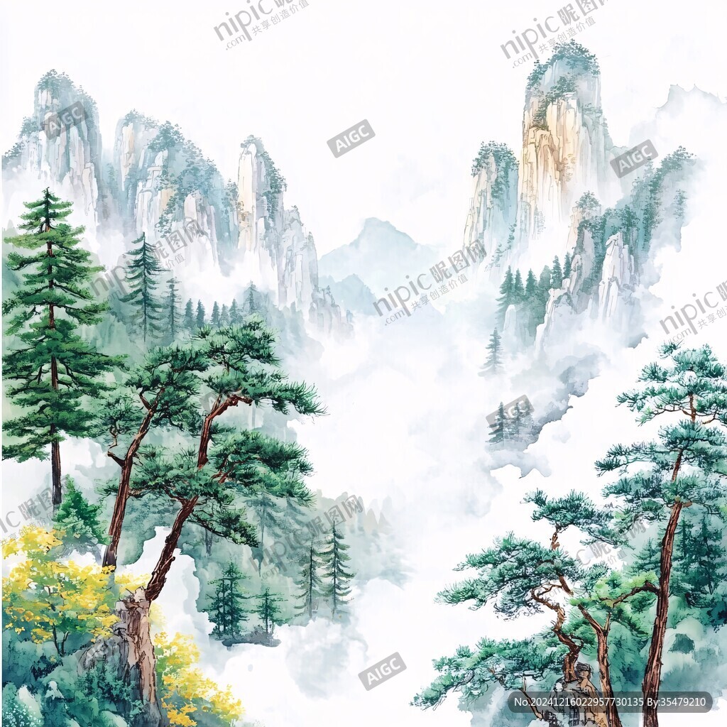 高清手繪迎客松