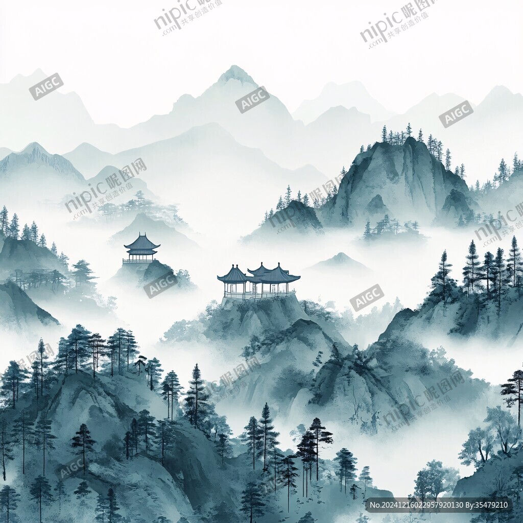 青綠山水遠山樓閣