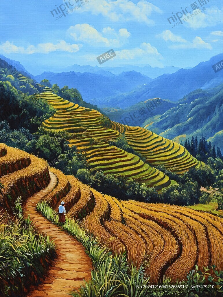 水稻梯田插畫