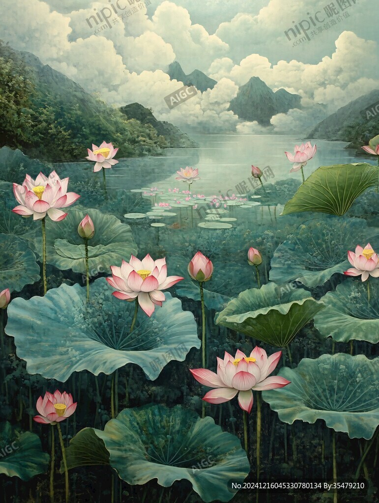 荷花油畫效果