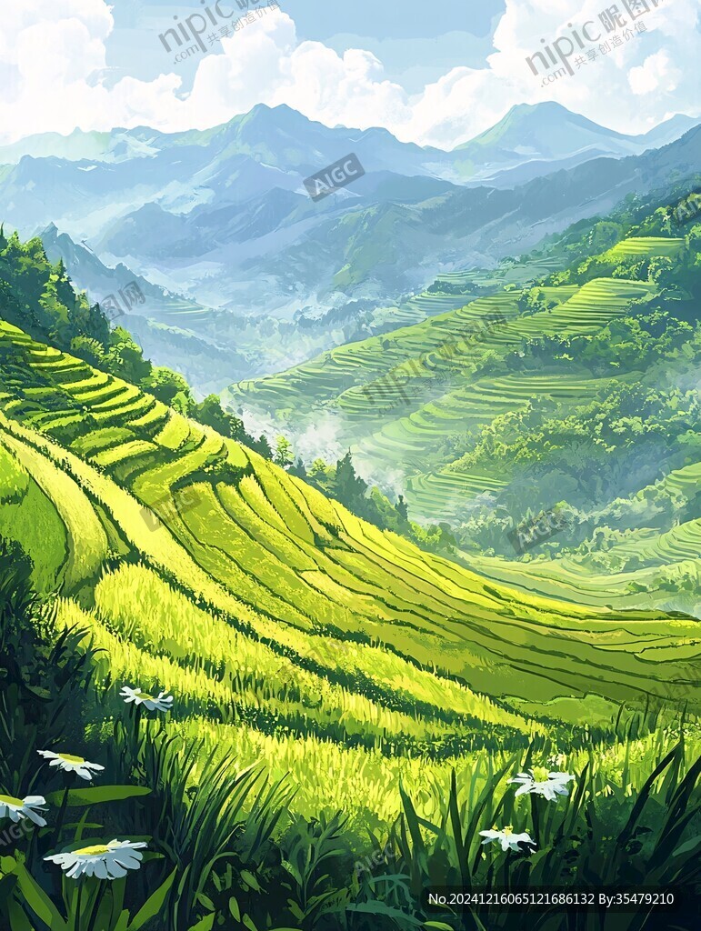 水稻梯田插畫