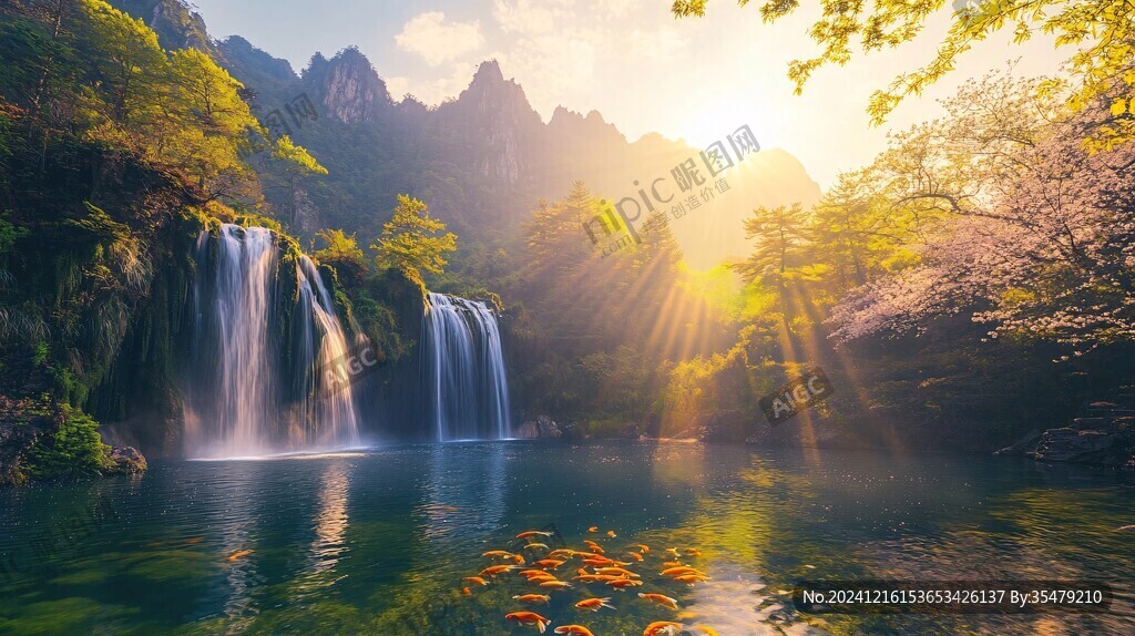 春天竹林瀑布晨曦唯美