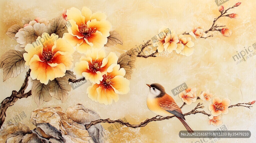 手繪梅花花鳥壁畫