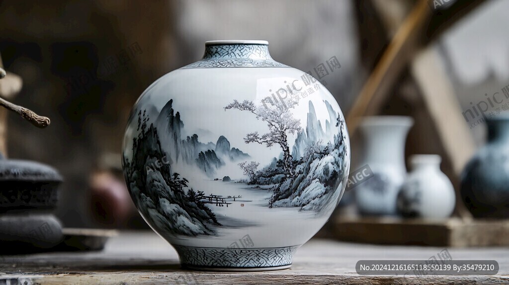 山水瓷瓶