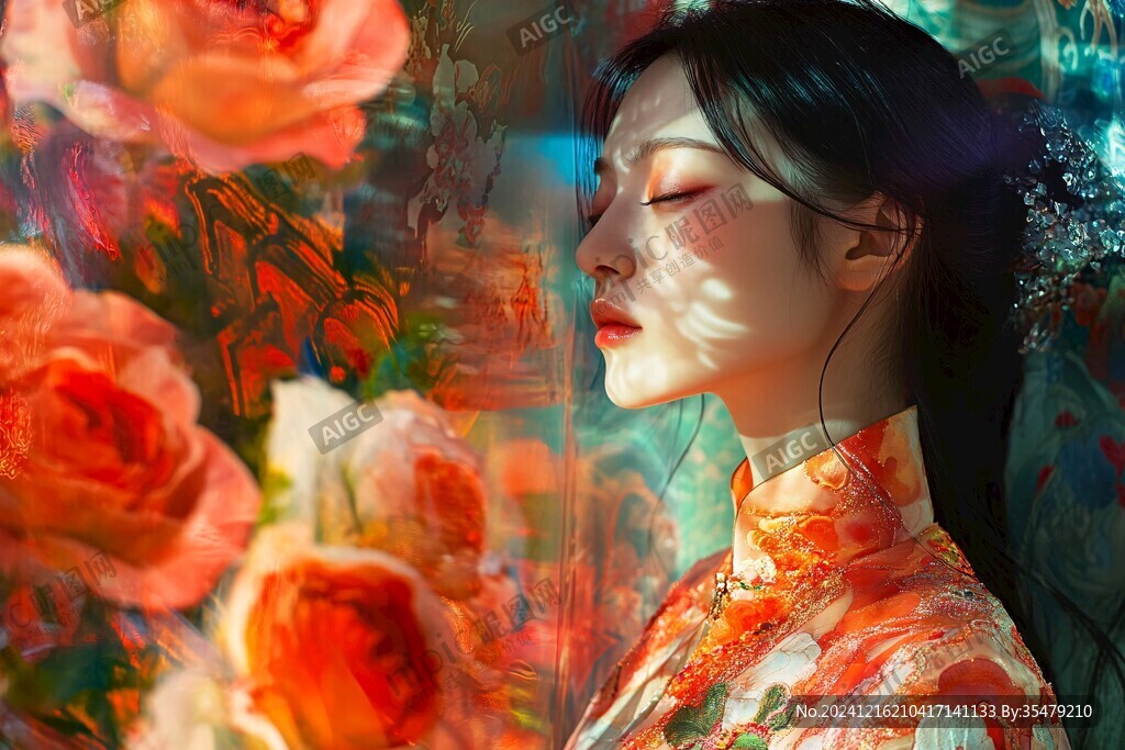 采玫瑰的旗袍少女