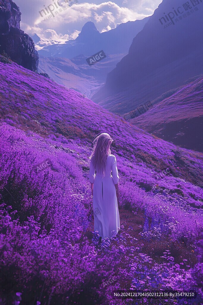 紫色花海里的少女