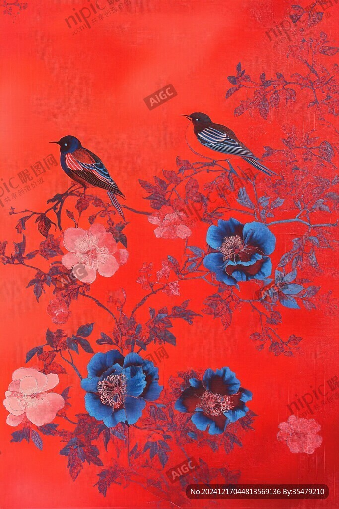 工筆喜鵲牡丹