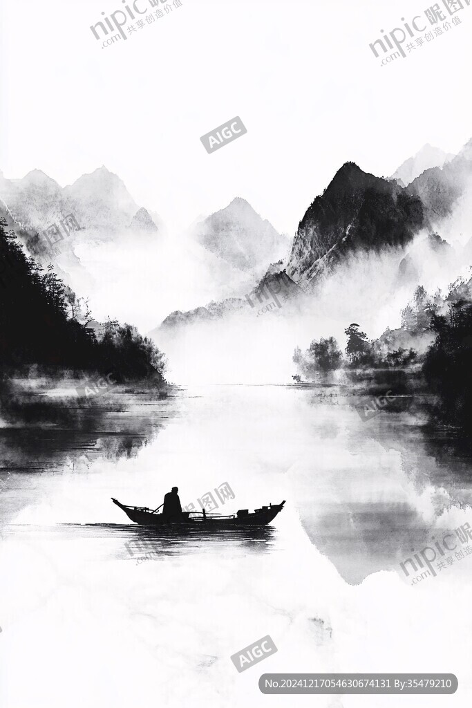 黑白中式水墨山水畫芯