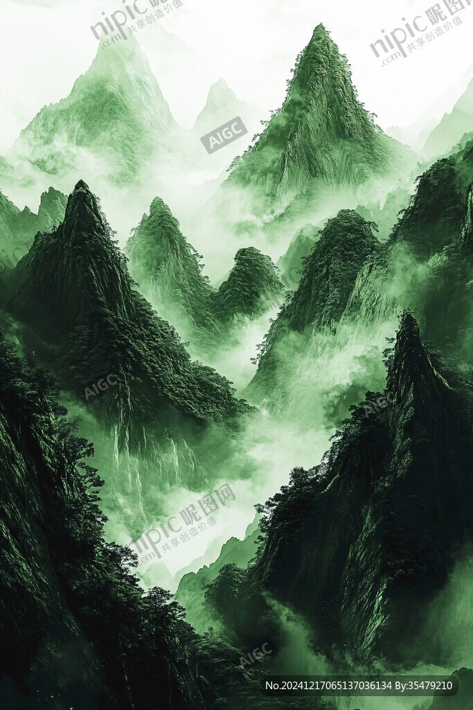 綠色水墨山峰背景