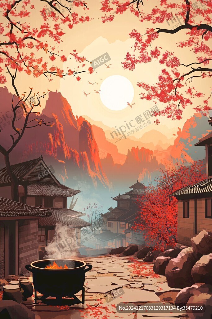 中式場(chǎng)景描邊插畫