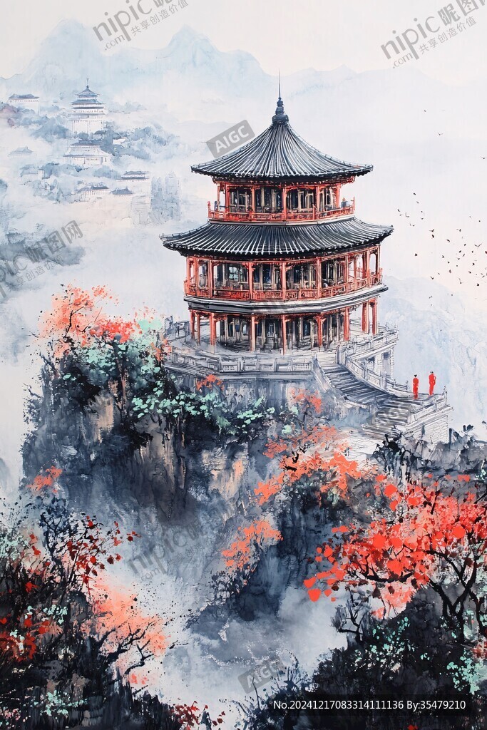 插畫橫店水彩水墨山水