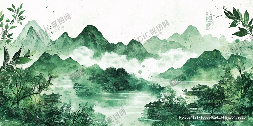 古典古風青綠山水背景