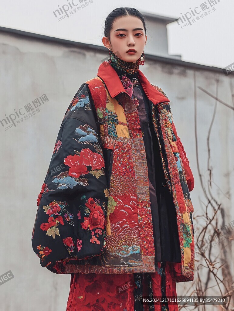 緞釘綾花卉紋皮邊女冬