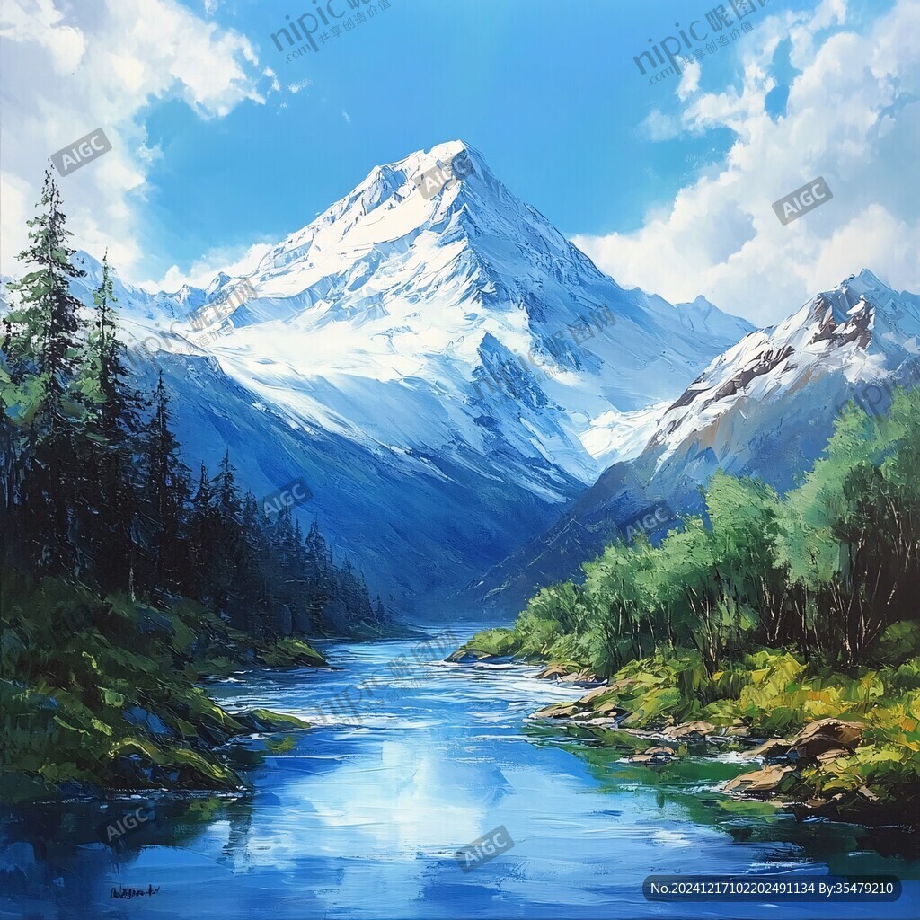 雪山河流油畫