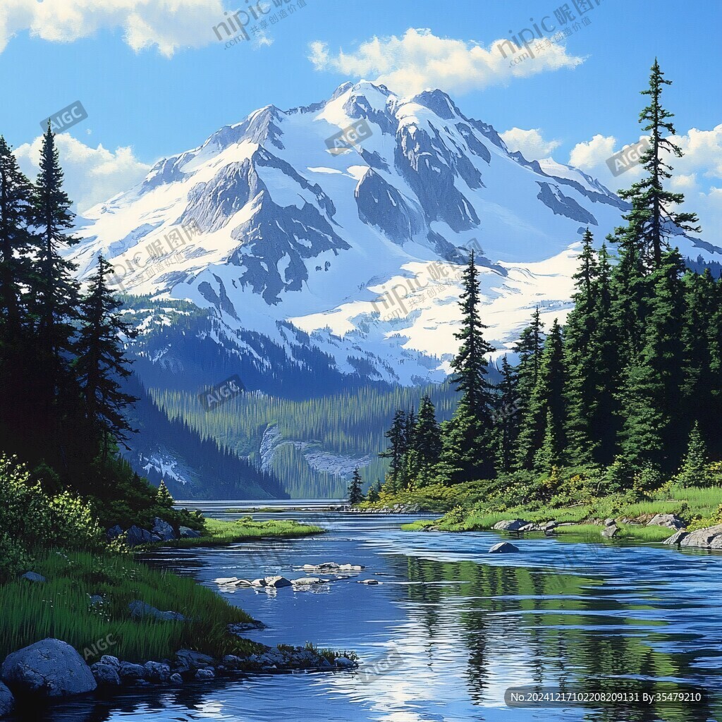 雪山森林河流圖