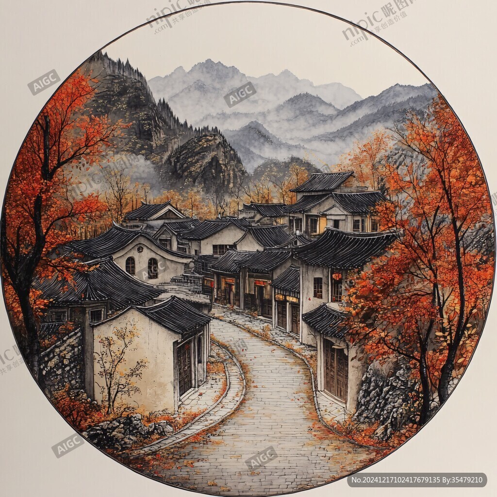 復(fù)古圓形山水裝飾畫