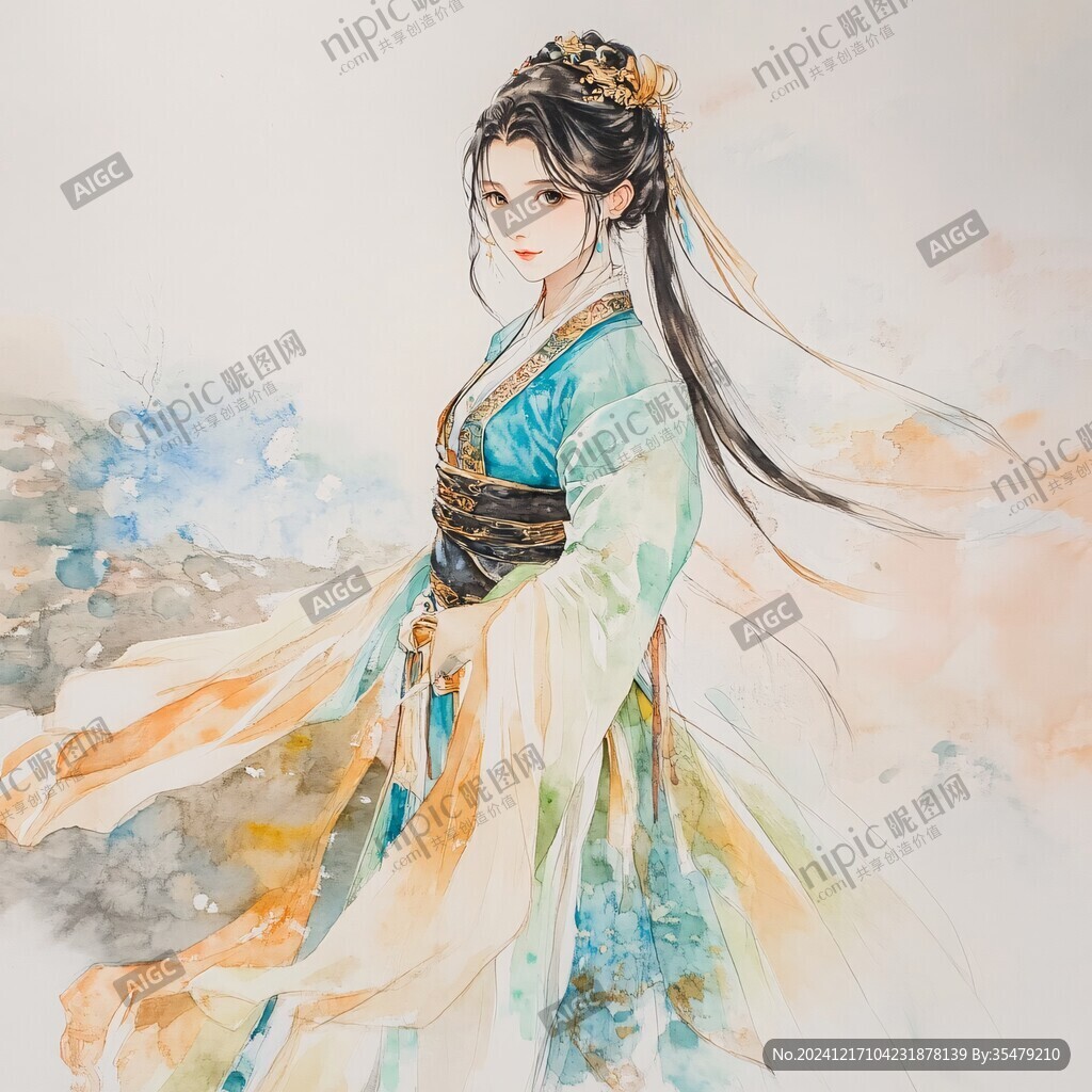 水彩風漢服美女