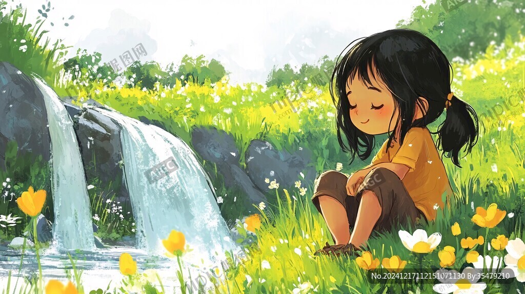 春天溪邊風(fēng)景少女