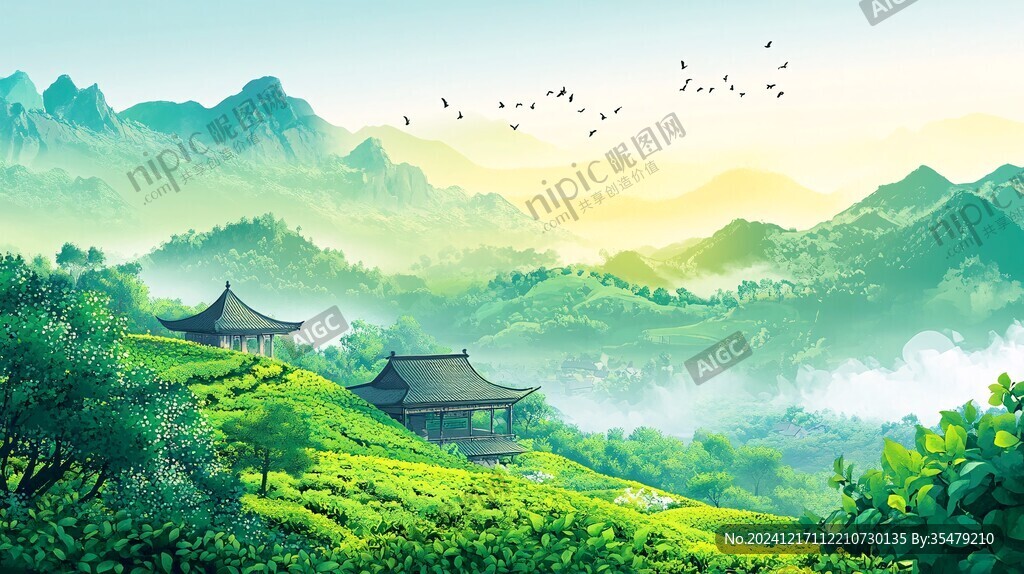茶園風光插畫