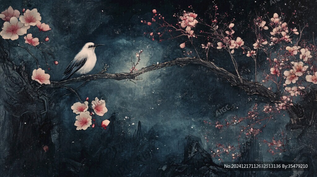 藍(lán)調(diào)花鳥樹枝背景