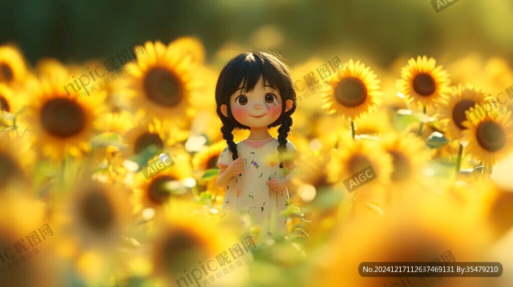 向日葵花叢中的少女