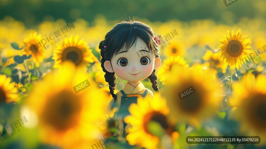 向日葵花叢中的少女