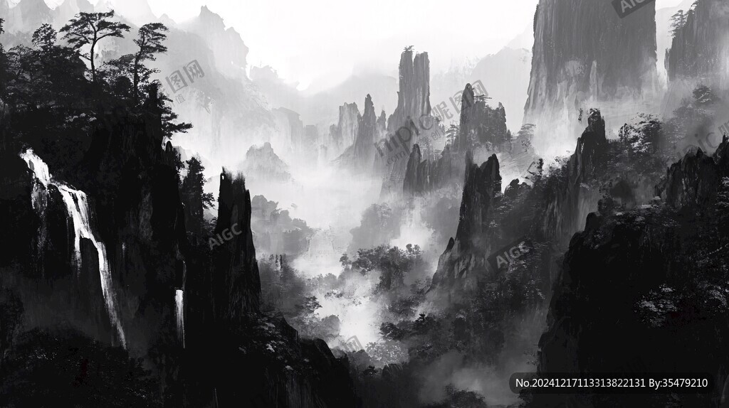 墨韻禪意山峰云霧風景