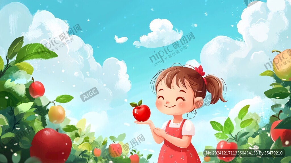 小女孩摘蘋果插畫