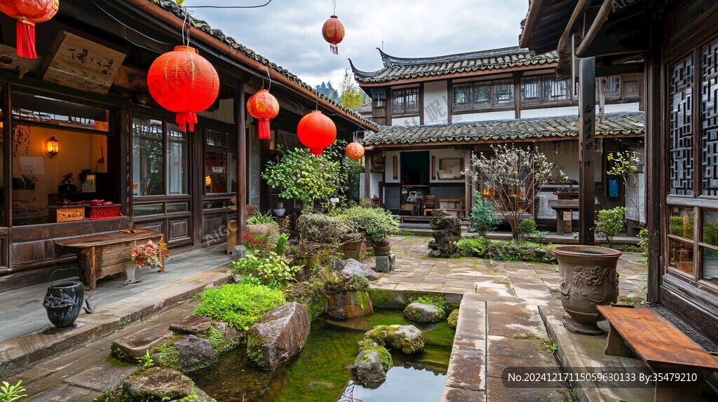 中式民居建筑庭院內(nèi)景