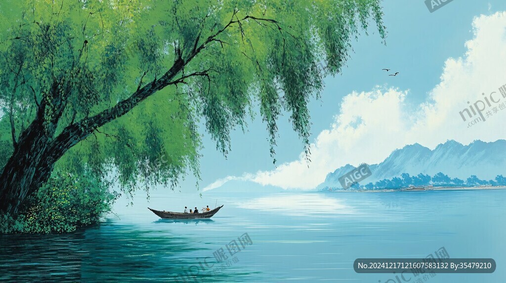 綠色清爽山水畫