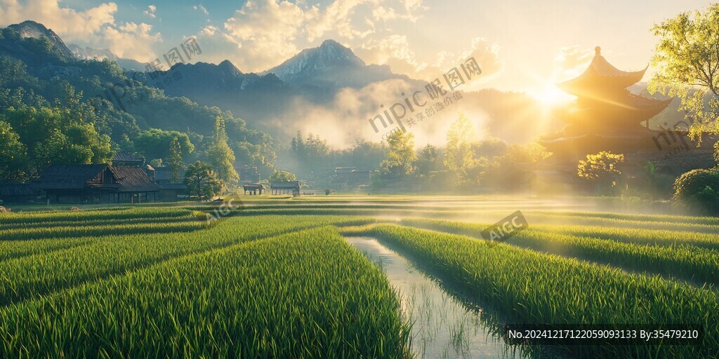 清晨日出美麗鄉(xiāng)村稻田